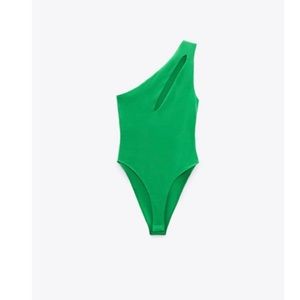 NWT ZARA Cut Out Asymmetric Bodysuit - green - one shoulder